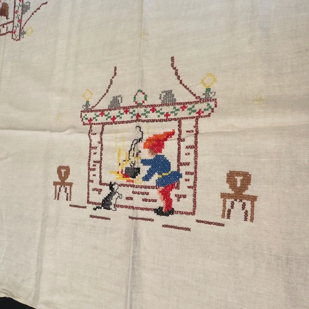 Vtg Tablecloth Embroidered Christmas Gnome Folk Art Linen 49x54 Scandinavian